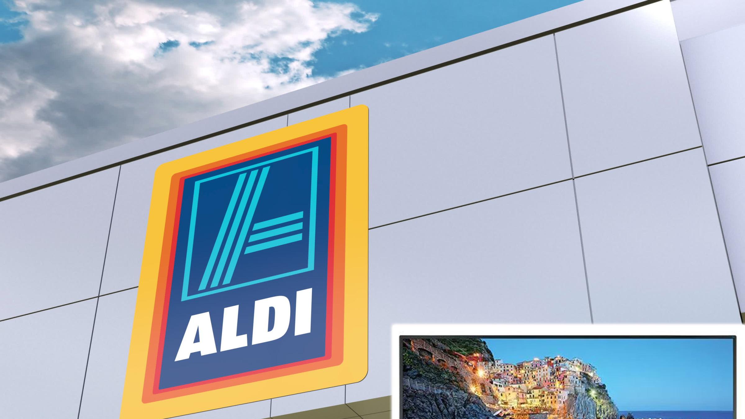 Aldi logo on the modern building facade. Editorial 3D rendering